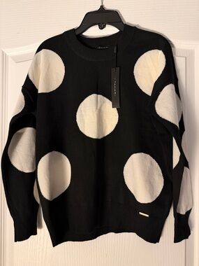 Tahari Black Sweater with White Polka Dots.